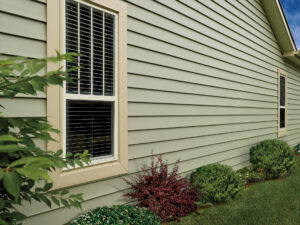 close up of olive colored home siding and window