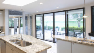 sliding patio doors shown from the interior of a kitchen