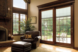 wood windows and patio doors in a comfy sitting room